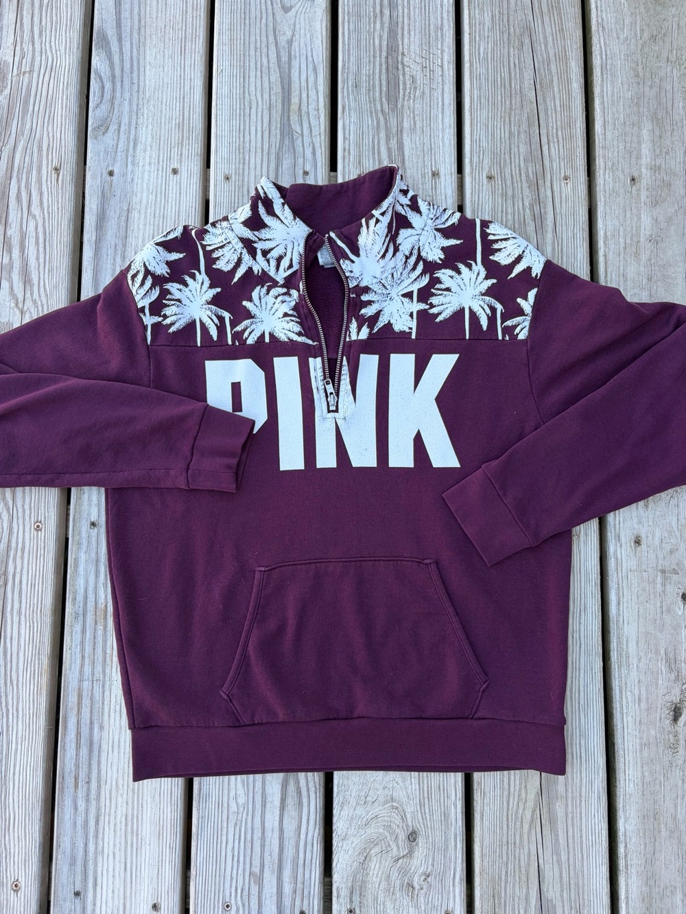 Women's Victoria's Secret PINK Maroon Quarter-Zip Sweatshirt‎ Palm Trees Sz Med